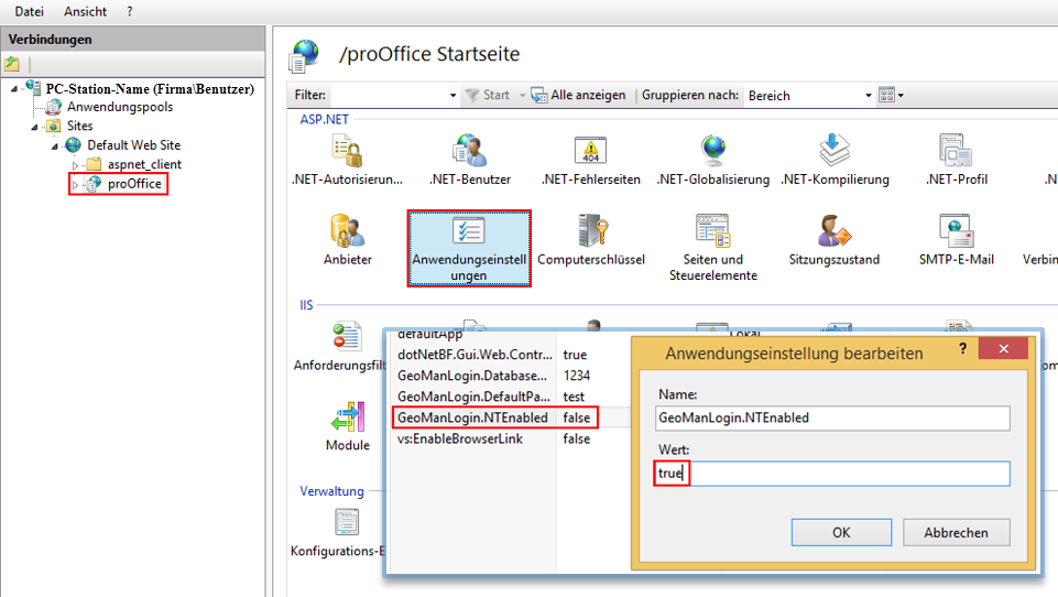 IIS-Anwendungseinstellungen & NTEnabled