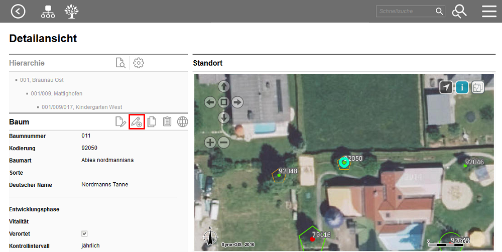 Öffnen der Kartenansicht in der Detailansicht Baum, um einen Baum zu verschieben