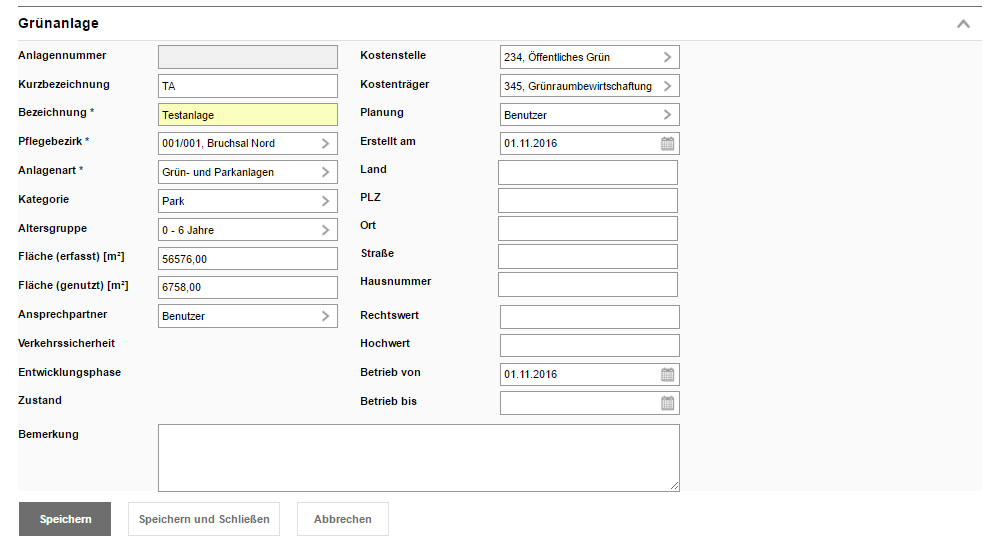 Informationen zu einer neuen Grünanlage erfassen