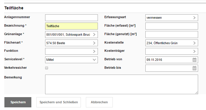 Informationen zu einer neuen Teilfläche erfassen