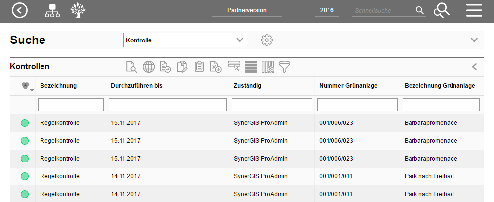 Suche nach offenen Kontrollen in VertiGIS FM Baum inkl. der Spalte 'Zuständig'