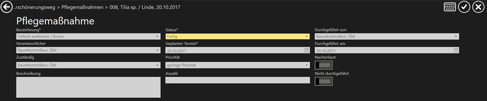 Bearbeitungsformular Pflegemaßnahme