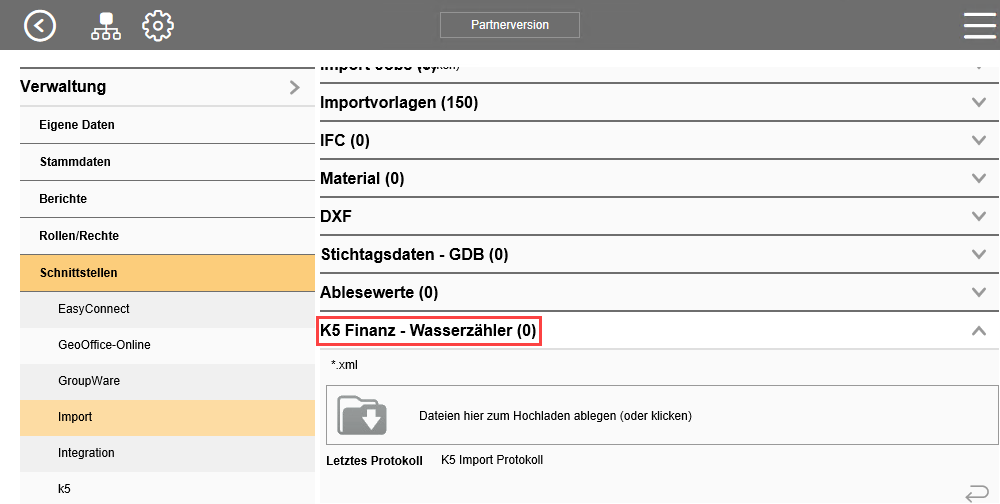 Position der Importmaske für den Import von K5 Finanzmanagement Wasserzähler-XML-Dateien.