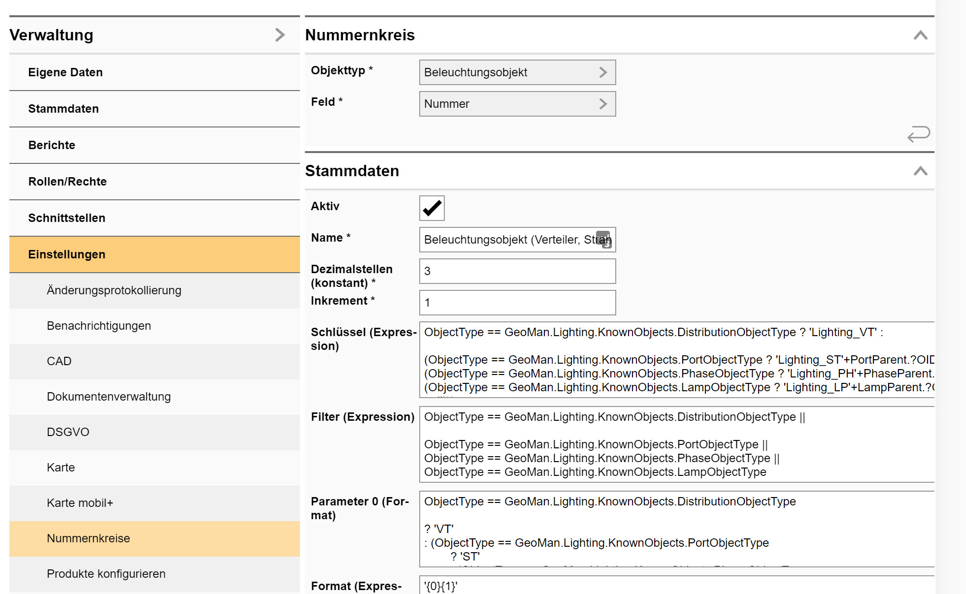 Screenshot der Nummernkreis Konfiguration in der Verwaltung