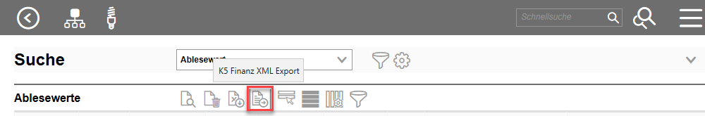 Position der K5 Finanz XML-Export-Schaltflche in der Menleiste der Suche nach Ablesewerten.