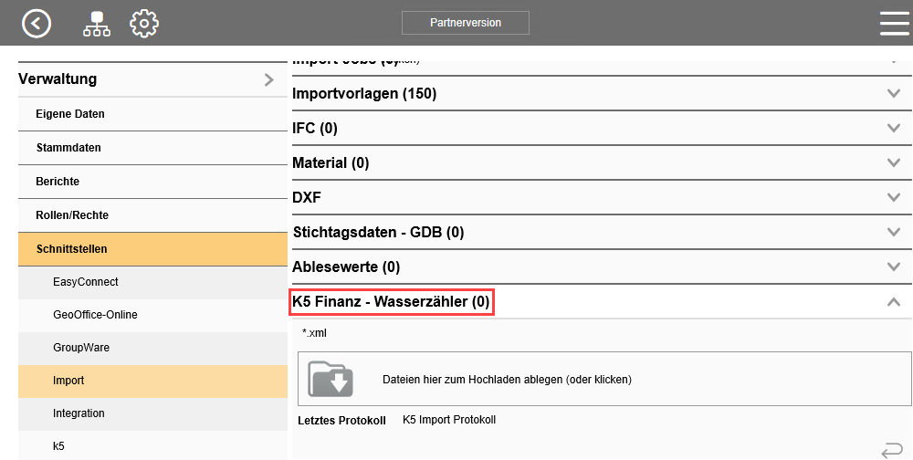 Position der Importmaske fr den Import von K5 Finanzmanagement Wasserzhler-XML-Dateien.