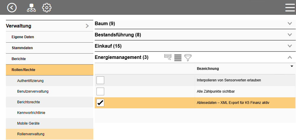 Einstellung zur Anzeige des XML-Exportbuttons in der Suche nach Ablesedaten.