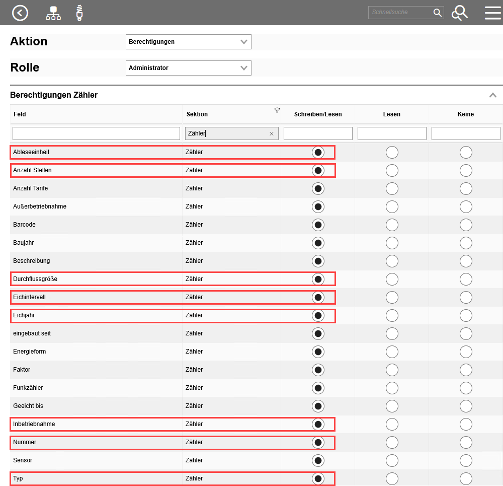 Vergeben von Schreibe/Leserechten für die Pflichtfelder der Zähler für k5 Finanzmanagement (rot markiert) am Beispiel der Rolle Administrator.