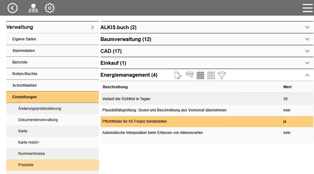 Einstellung zur Bereitstellung der Pflichtfelder für k5 Finanzmanagement in der Verwaltung.