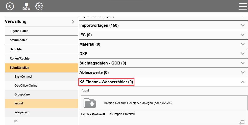 Position der Importmaske für den Import von K5 Finanzmanagement Wasserzähler-XML-Dateien.