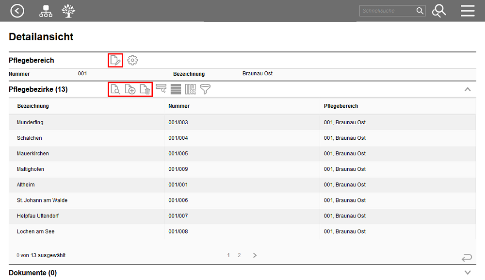 Hinzufügen und Bearbeiten von Pflegebereich und Pflegebezirk