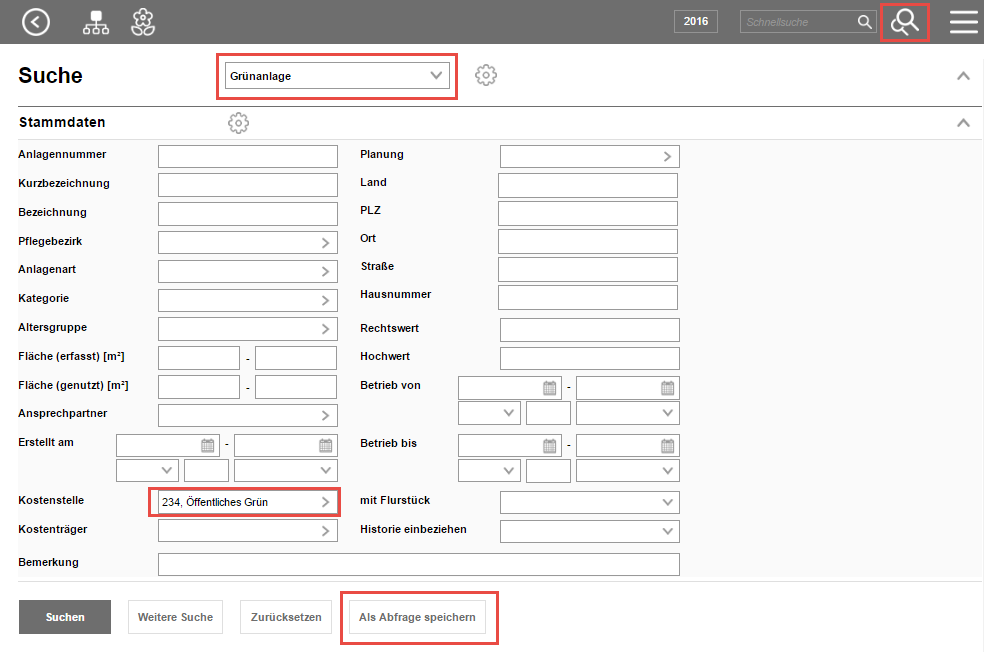 Beispiel: suchen nach Grünanlagen einer Kostenstelle