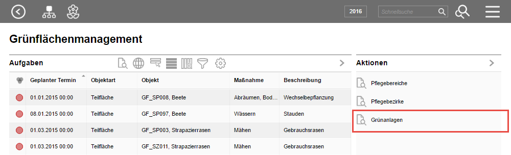 Erfassen einer neuen Grünanlagen über die Aktionen der Modulhauptseite