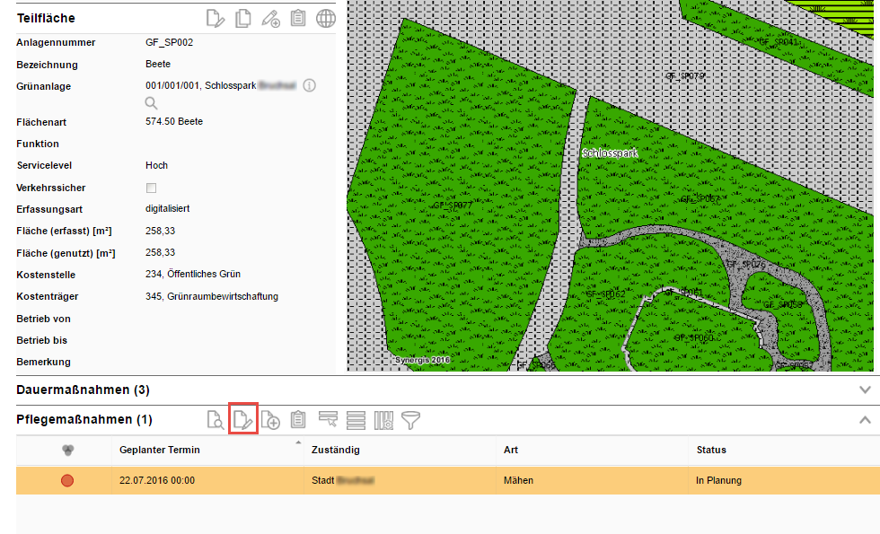 Pflegemaßnahme  über die Detailansicht der Teilfläche  bearbeiten