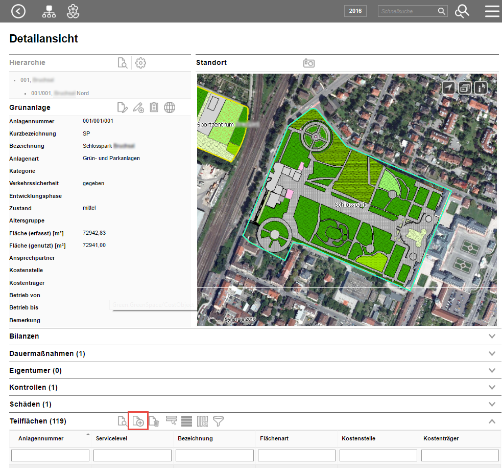 Erfassen einer neuen Teilfläche über die Detailansicht einer Grünanlage