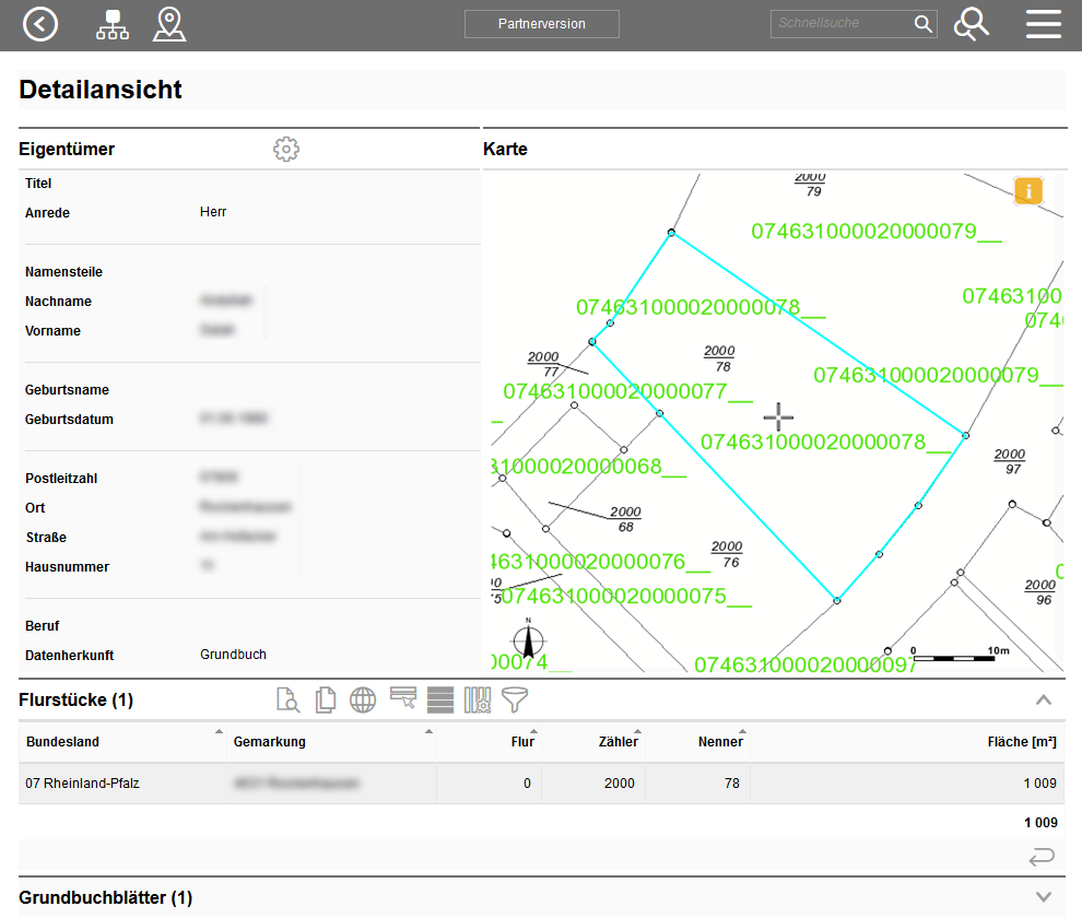 Deteilsansicht Eigentümer (aufgrund von Datenschutz sind Texte verpixelt)