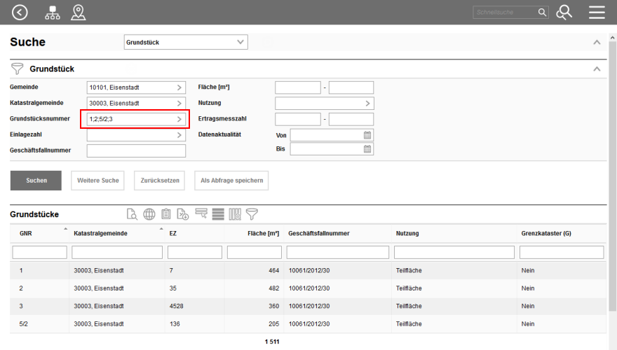 Suche nach mehreren Grundstücken