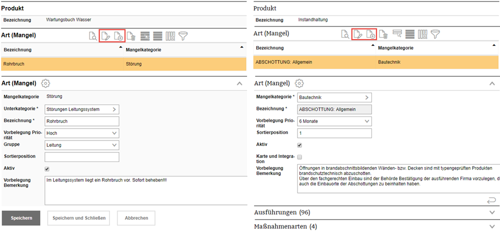 Erfassung einer Mangelart. Links für das Wartungsbuch Wasser, rechts für die Instandhaltung.