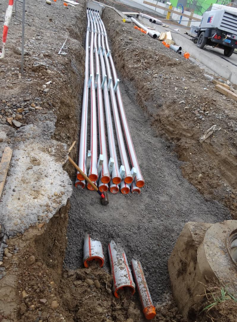 Tronçon de tracé avec trois couches de tubes