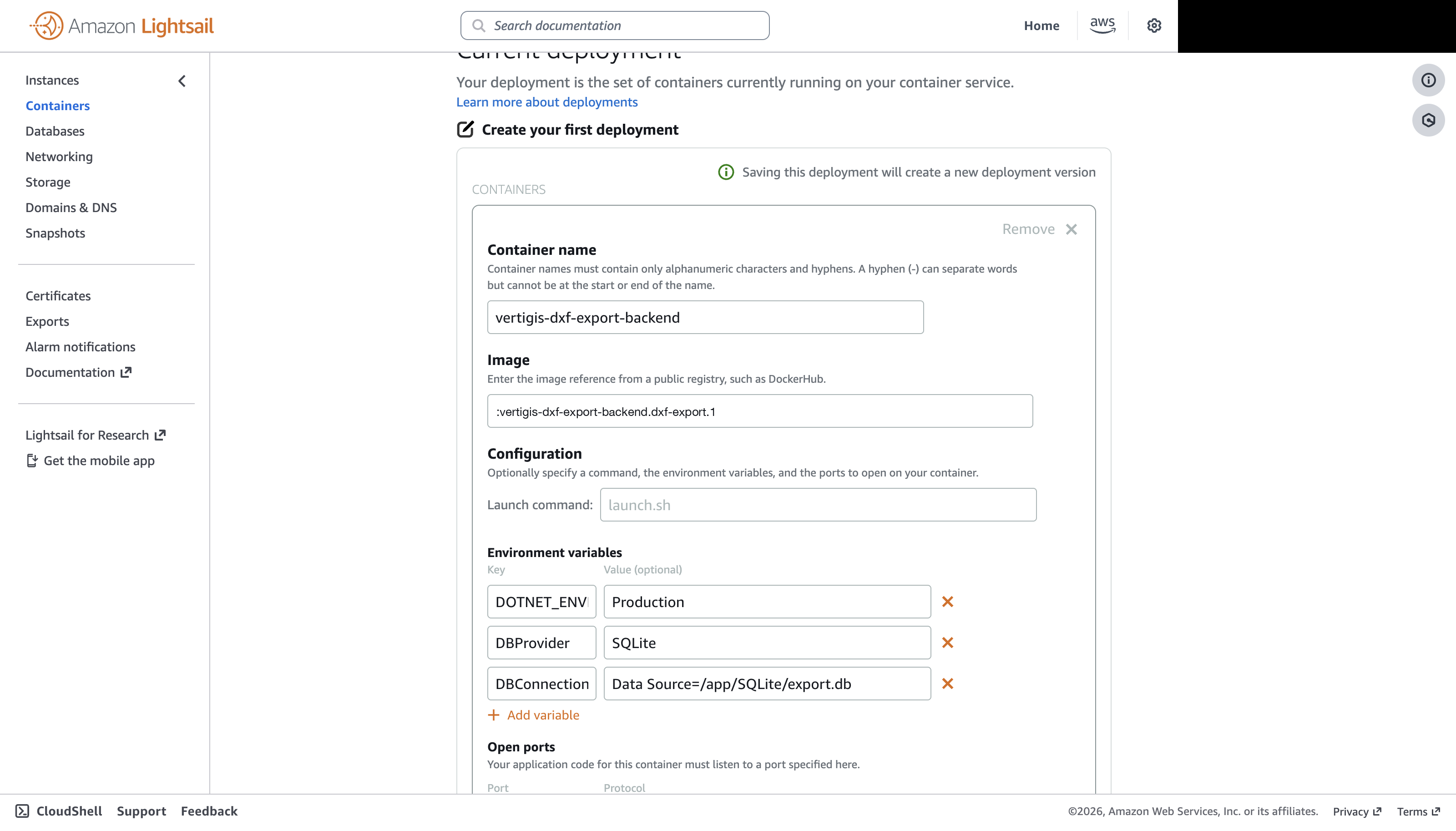 Create your first deployment — container configuration