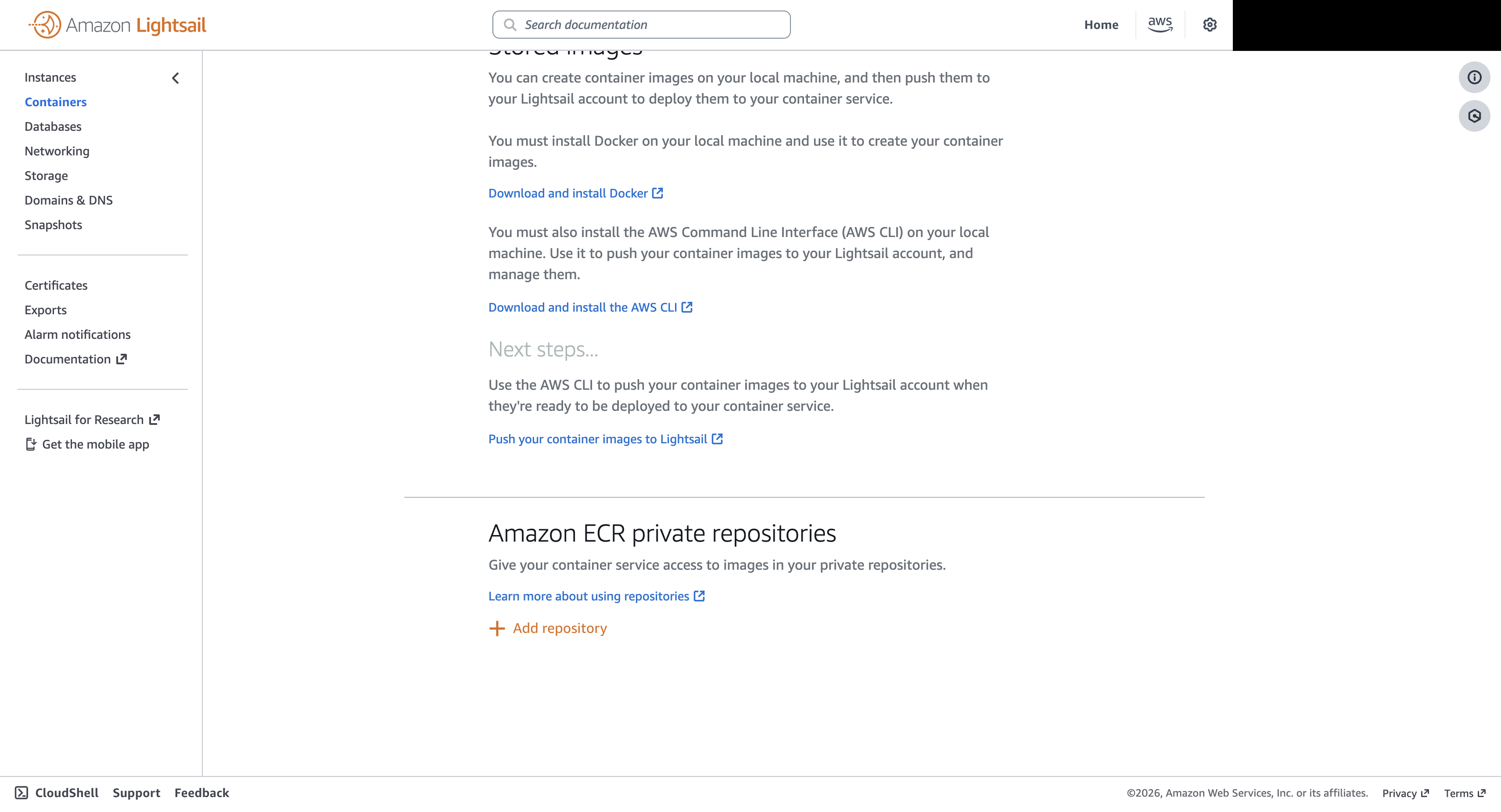 Amazon ECR private repositories — add repository