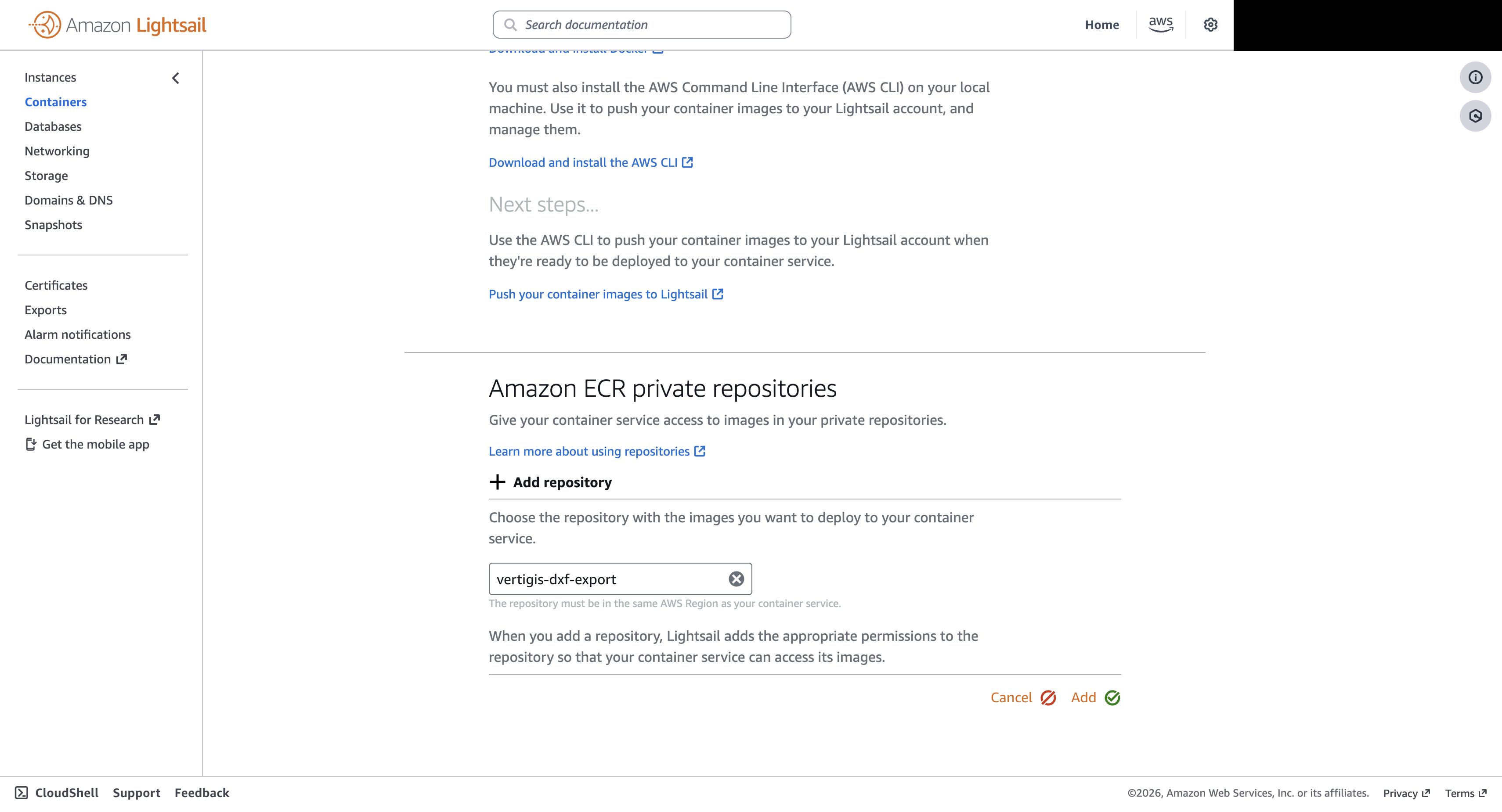 Add ECR repository dialog