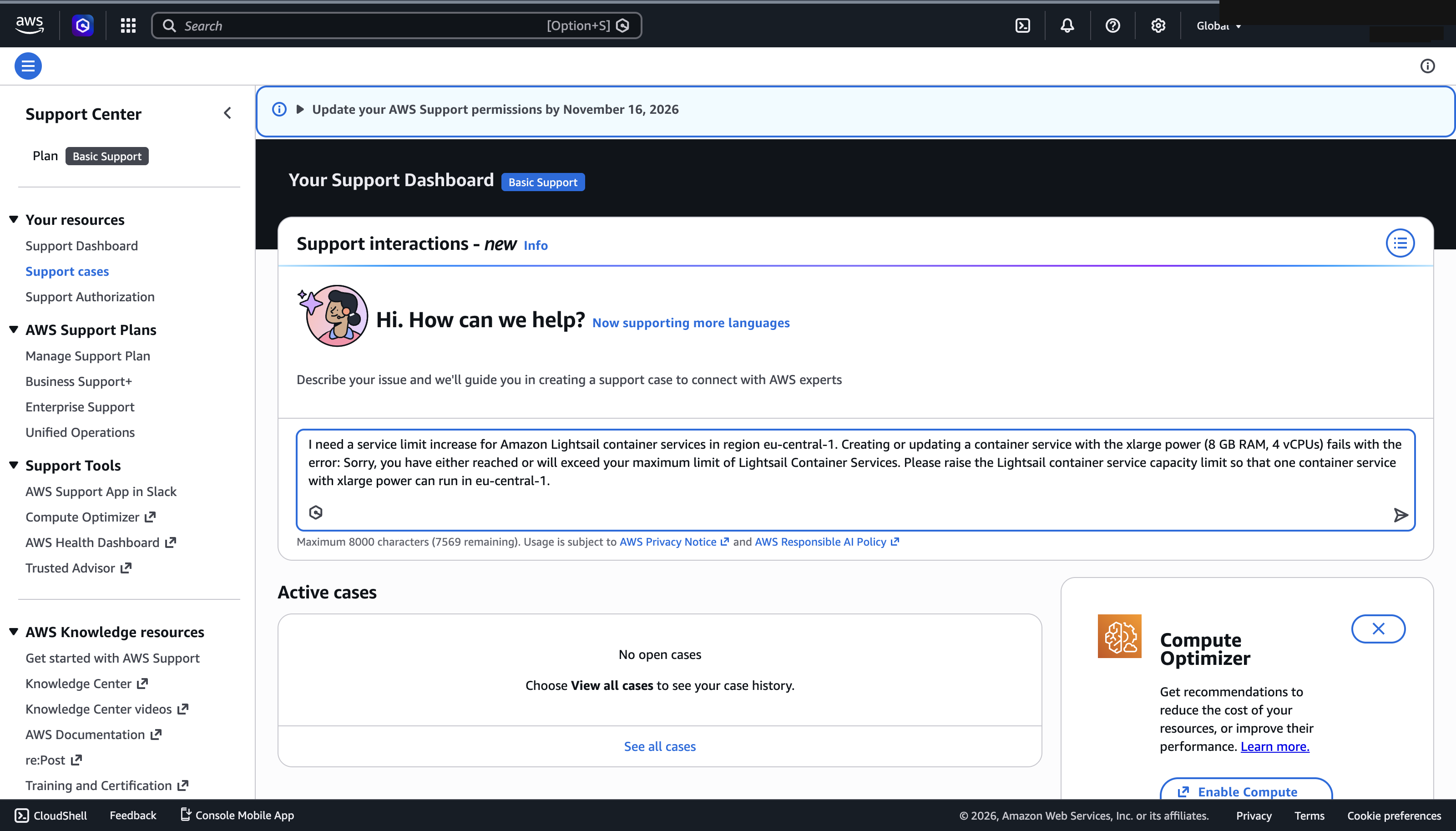 AWS Support — describe the request